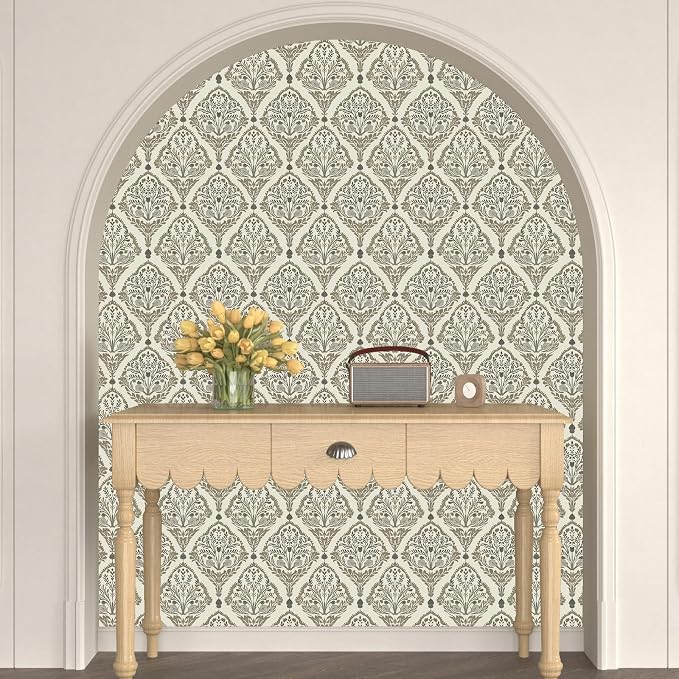 Vintage Khaki Floral Botanical Symmetrical Wallpaper 17.5" x 393" | Self Adhesive/Removable/Waterproof/Thick Vinyl Contact Paper for Bathroom Bedroom Shelf Cabinet Drawer,Prepasted,Easy Peel