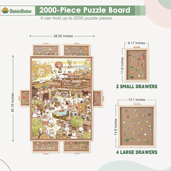 BuilderButler 2000 Pieces Rotating Puzzle Board with 6 Drawers,40.16"x28.5" Portable Wooden Jigsaw Puzzle Table with Lazy Susan Spinning Cover for Adults
