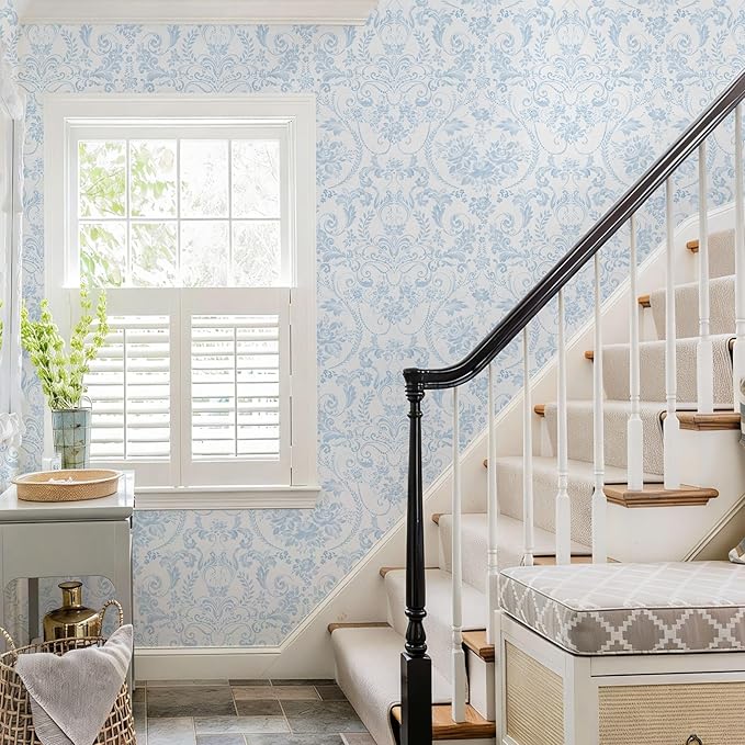 Ismoon Blue and White Wallpaper Floral Peel and Stick Wallpaper 17.3in x 32.8ft Vintage Damask Blue Contact Paper Boho Removable Watercolor Wall Paper for Bedroom Bthroom Kitchen Décor Vinyl