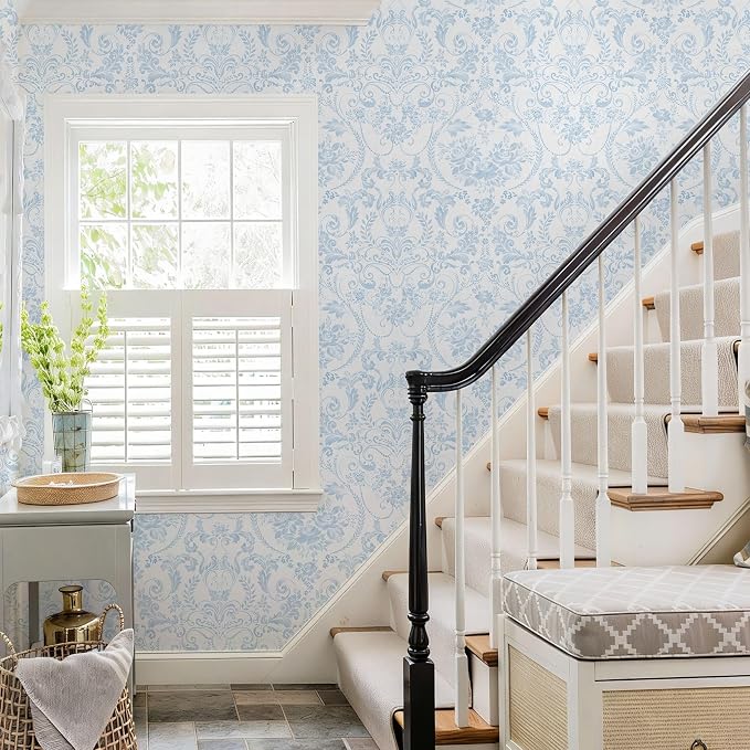 Ismoon Blue and White Wallpaper Floral Peel and Stick Wallpaper 17.3in x 16.4ft Vintage Damask Blue Contact Paper Boho Removable Watercolor Wall Paper for Bedroom Bthroom Kitchen Décor Vinyl