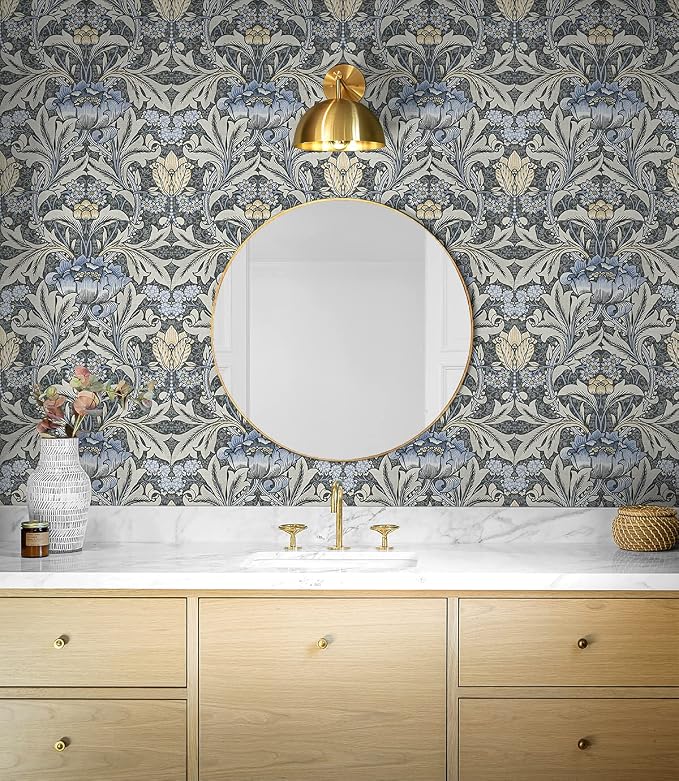 NextWall Acanthus Floral Peel and Stick Wallpaper (Charcoal & Carolina Blue)