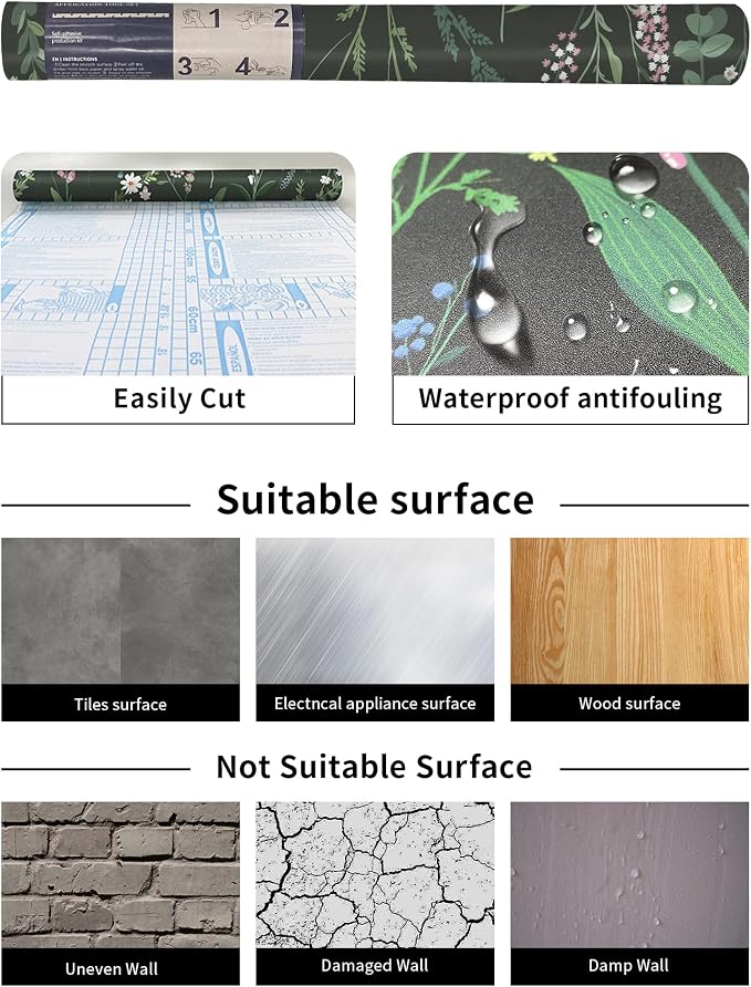 JiffDiff Floral Wallpaper Peel and Stick 17.3"x118" Dark Farm Wildwood Stick on Wallpaper for Home Bedroom Cabinets Thicken Self Adhesive Contact Paper