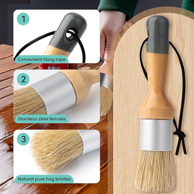 Mister Rui Chalk Wax Paint Brush, 3pcs, Chalk Paint Brushes for Furniture, Small Wax Brush for Acrylic Paint, Milk Paint, Natural Bristles Stencil Brushes, No Shedding