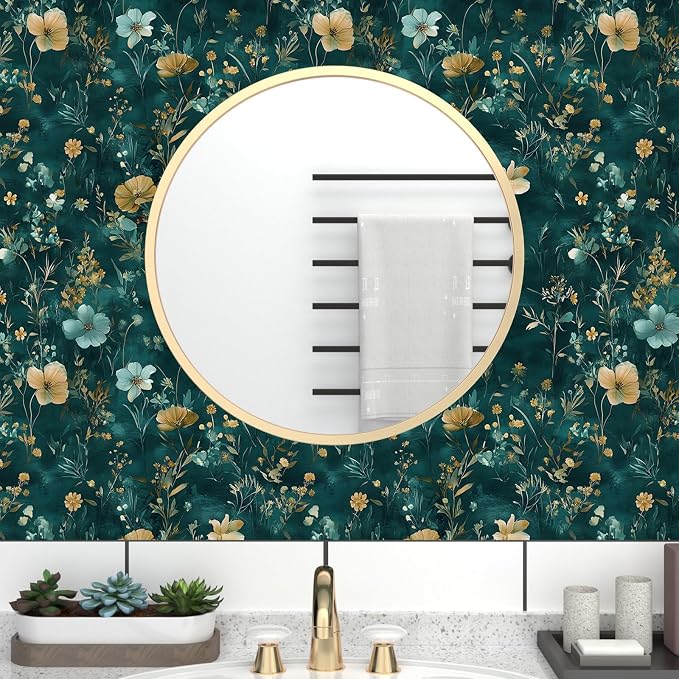 Floral Leaf Vintage Wallpaper Peel and Stick 17.5" x 393", Teal Gold | Self Adhesive/Removable/Waterproof/Thick Vinyl Contact Paper for Bathroom Bedroom Shelf Cabinet Drawer,Prepasted,Easy Peel