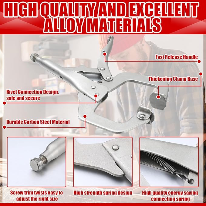 Yexiya 10 Pcs Locking C Clamp, Locking Pliers Adjustable Welding Clamp with Regular Tip and Swivel Pad for Shop Home Farm and Auto Workshop Woodworking, Cabinetry, Repair (4 Inch)