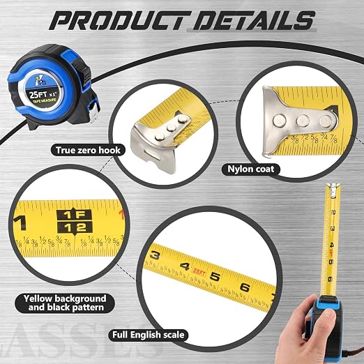 Youyole 2 Pack Tape Measure with Fractions 25 ft x 1 in 1/8 Steel Measuring Tape Retractable Easy Read Measurement Ruler Steel Power Blade