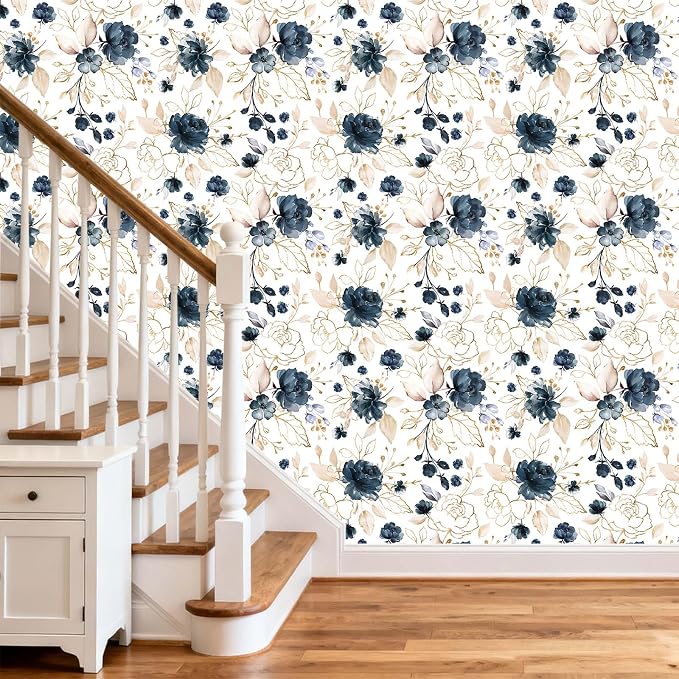 Navy Blue Floral Peel and Stick Wallpaper 17.7"x118" | Removable thick vinyl, watercolor botanical design, laundry room, bedroom, bathroom, renter friendly accent walls