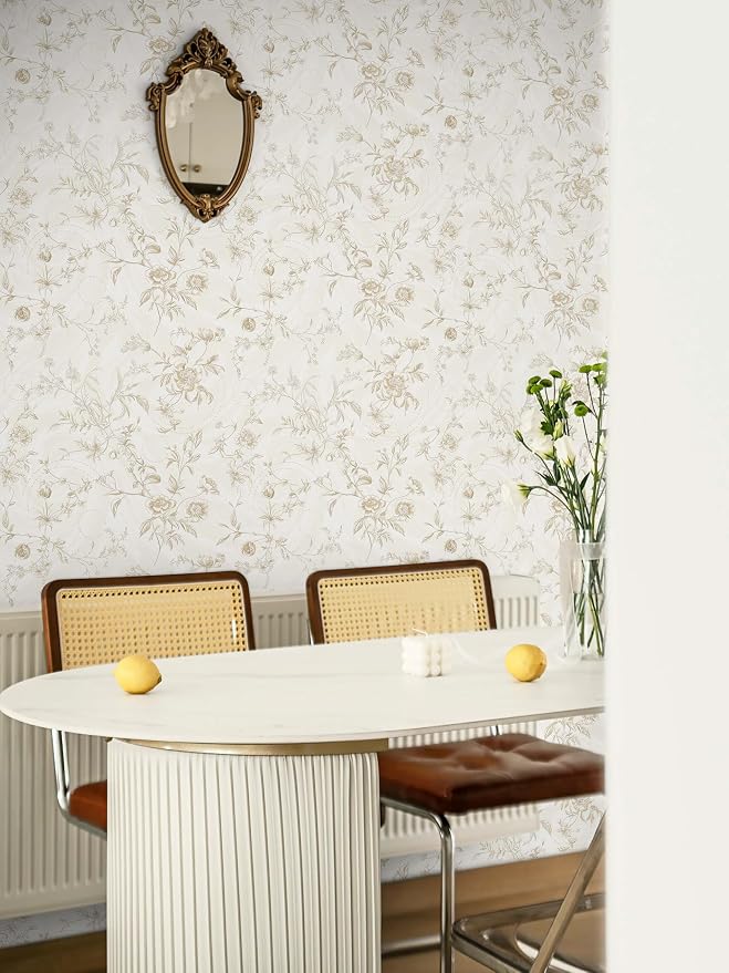 Ismoon Floral Peel and Stick Wallpaper Vintage Beige Stick on Wall Paper French Textured Contact Paper for Cabinet Removable Self Adhesive Wallpaper Vinyl Roll Shelf Decro, 17.3inx787in