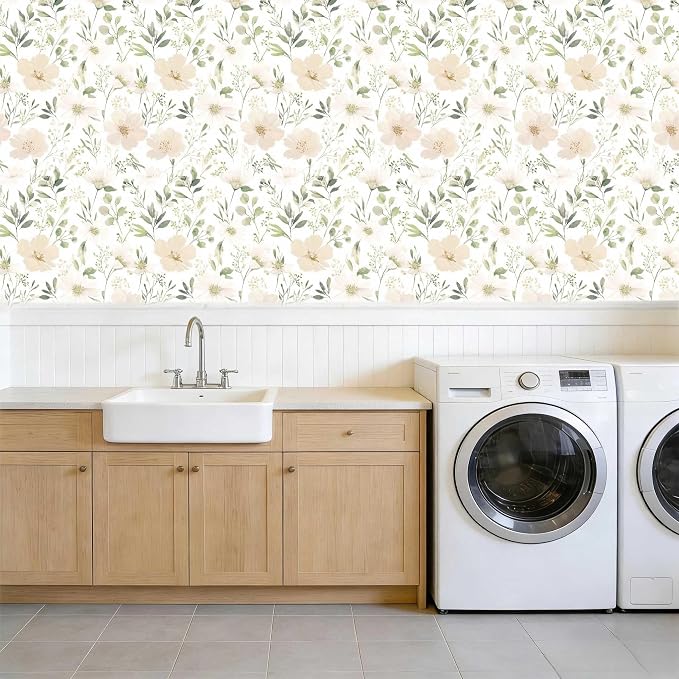 Floral Peel and Stick Wallpaper 17.7in x 118in | Watercolor flower removable self adhesive design for cottagecore bedroom accent walls