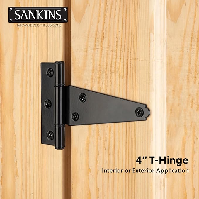 4 Inch T-Strap Shed Door Hinges Heavy Duty, Black Tee Gate Hinges for Wooden Fences, Yard Door, Barn Door Gates, Wrought Hardware Rustproof, 6Pack