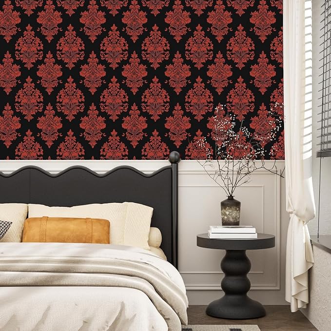 BOKEBEVE Vintage Floral Wallpaper Peel Stick Burgundy Red 17.5 x 393.5In | Renter Friendly Contact Paper Self Adhesive Removable Wall Paper for Feature Wall Bedroom Bathroom Halloween Decor
