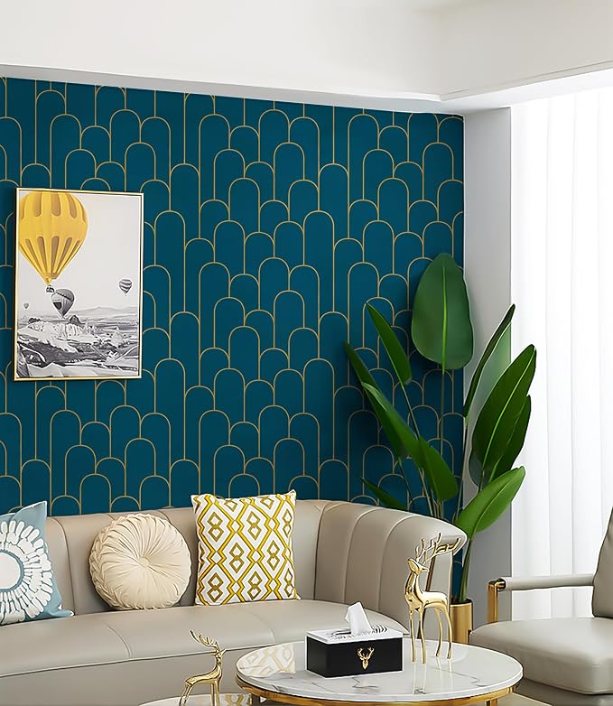 Yasinet Peel and Stick Wallpaper Blue and Gold Wallpaper Blue Geometric Contact Paper Removable Self-Adhesive Stripe Waterproof Wall Paper Decorative for Wall Bedroom Vinyl Film 17.3”x118”