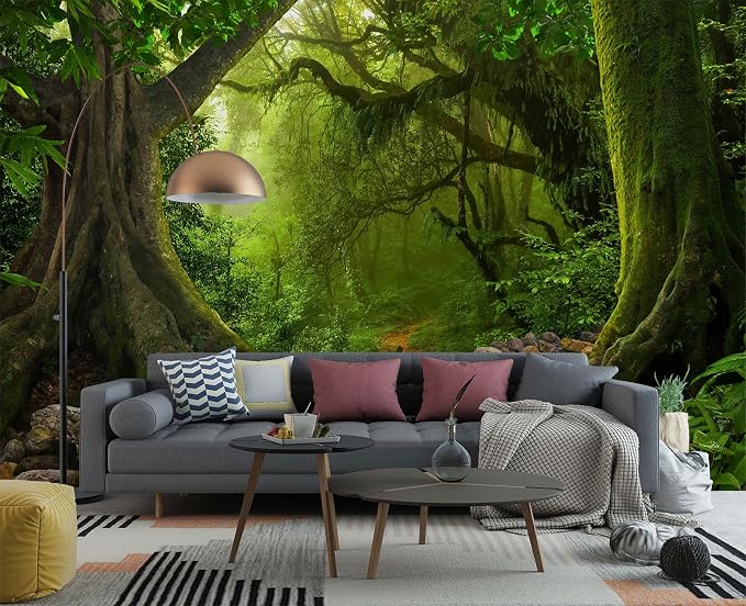 YIHWM-Peel and Stick Green Forest Wallpaper Landscapes Woodland Tree Mural | Tear-resistant,with a substantial feel;Will not be damaged during repositioning.Bathroom,Bedroom wallpaper.XL-157"x108"