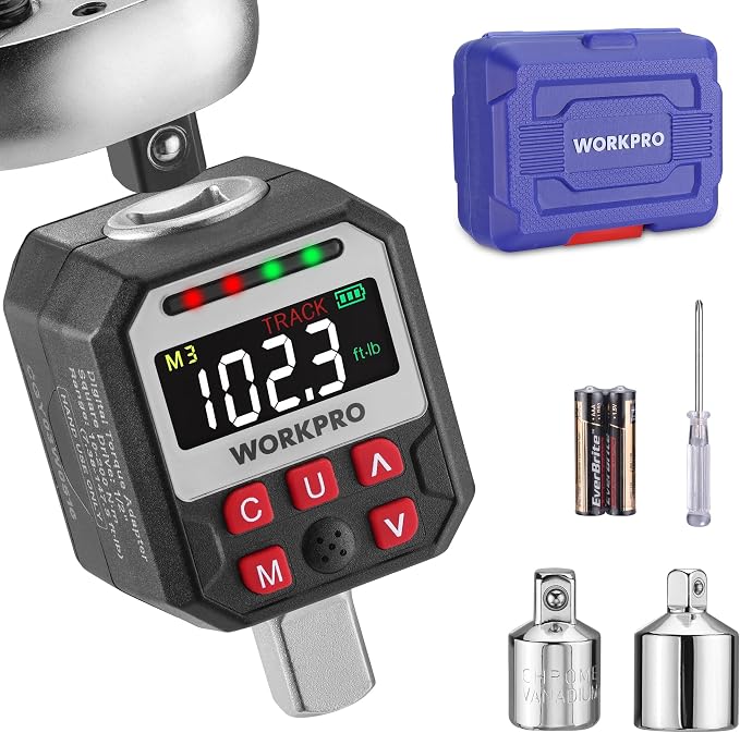 WORKPRO 1/2" Drive Digital Torque Adapter, 7.38-147.5 ft-lb (10-200 Nm), Electronic Torque Wrench Adapter with Buzzer Alert, 1/4" & 3/8" Adapters, Batteries & Case Included
