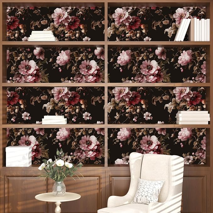 Dark Floral Brown Wallpaper Peel and Stick17.5 × 393", Black Pink | Self Adhesive/Removable/Waterproof/Thick Vinyl Contact Paper for Bathroom Bedroom Shelf Cabinet Drawer,Prepasted,Easy Peel