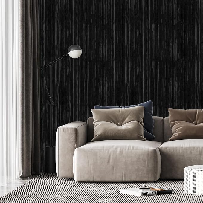 Black Grasscloth Peel and Stick Wallpaper Vintage Texture Removable Waterproof Wallpaper for Room Walls, Cabinets, Furniture, Drawers, Desk A Set of 23.6"x480"