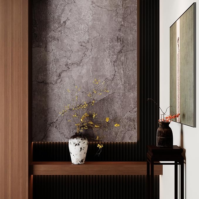 JSEVEM 16"×118" Air Guide Design Extra Thick Grey Light Purple Marble Concrete Wallpaper Peel and Stick Industrial Modern Style Waterproof Gray Marble Concrete Contact Paper Vinyl Sticker for Bedroom