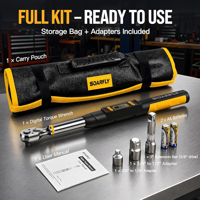 3/8 Digital Torque Wrench Set for Automotive 0-220Nm ±1% Precision | 1/2 1/4 3/8 Drive, LED+Buzzer Alerts, 10 Presets & 400 Data Logs, Preset/Real-Time/Peak/Modes for Car Repair & Maintenance