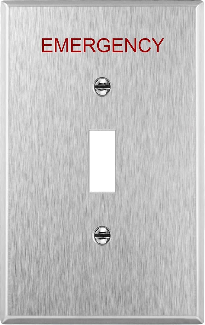 ENERLITES Toggle Light Switch Metal Cover Plate with Emergency Label, Stainless Steel Wall Plate, Corrosion Resistant, Mid-Size 1-Gang 4.88" x 2.11", 430 Stainless Steel, 7711M-E, Silver