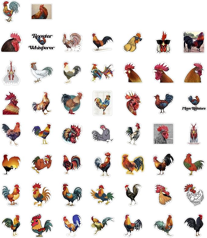 BulbaCraft 100Pcs Rooster Stickers for Water Bottle and Laptop - Rooster Party Supplies & Decorations, Waterproof Vinyl Decals, Cute Animal and Farm Stickers, Gifts for Women & Men