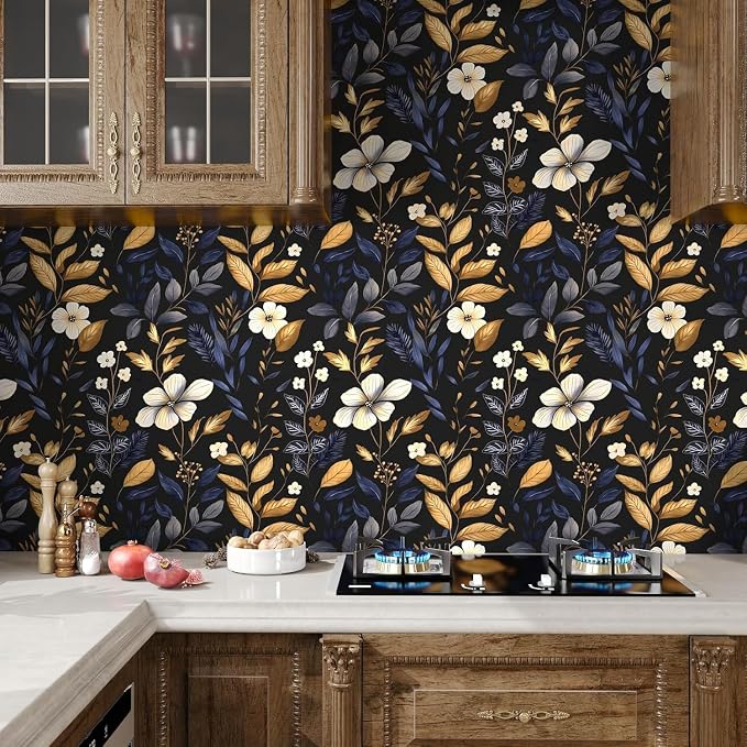 Vintage Dark Blue Gold Floral Peel and Stick Wallpaper 17.5"x787" | Self Adhesive/Removable/Waterproof/Thick Vinyl Extra Long Contact Paper for Bathroom Bedroom Shelf Cabinet Drawer,Prepasted