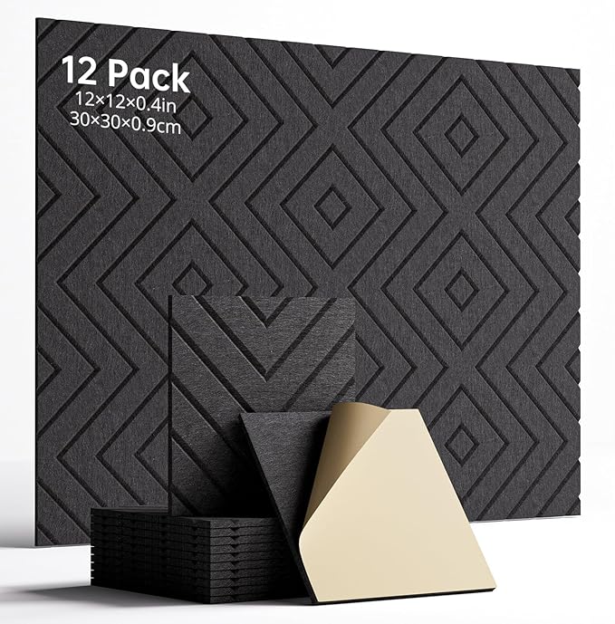 Sound Proof Foam Panels for Walls, 12 Pack Self-Adhesive Acoustic Panels, 12" X 12" X 0.4" Soundproof Wall Panels for Door, Ceiling, Home Office Black