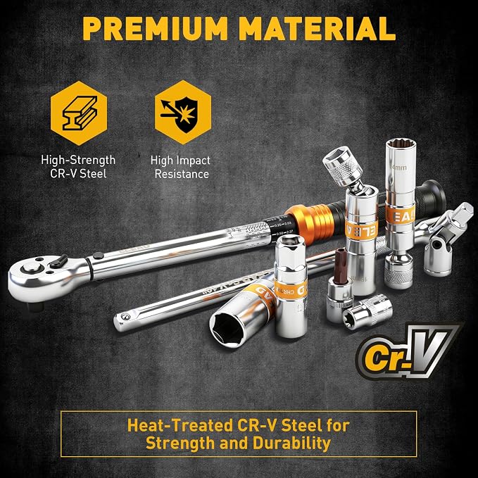 16-Piece Spark Plug Socket Set, 3/8" Drive Swivel Magnetic Spark Plug Removal Tool Kit with Torque Wrench (5–45 lb-ft), E-Torx & Torx Bit Sockets, Extensions & Universal Joint