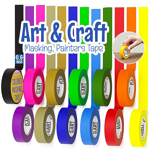 DEART 12PCS Colored Masking Tape, Kids Art Supplies, DIY Craft Tape, Colored Tape Rolls, Colored Painters Tape, 1.7cm x 10m (2/3In x 11Yards) for Labeling Coding Rolls Washi Scale Scrapbook Lab Tape