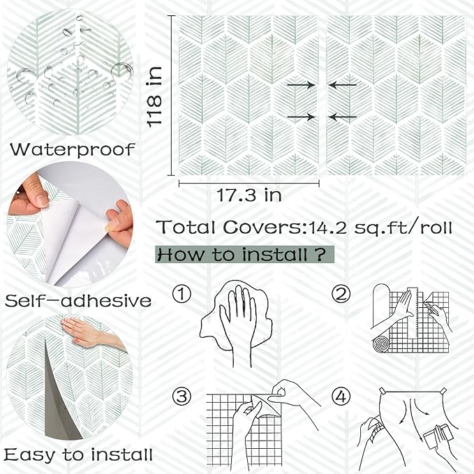 Modern Peel and Stick Wallpaper 17.3''×118'' Geometric Wallpaper Boho Contact Paper Green and White Self-Adhesive Wall Paper Removable Decorative Wallpapers for Bedroom Bathroom Cabinets Decor Vinyl