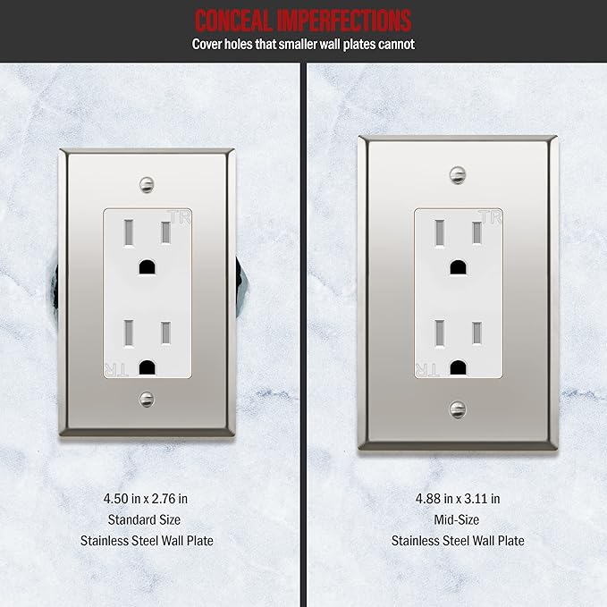 ENERLITES Decorator Switch or Receptacle Metal Wall Plate, Stainless Steel Outlet Cover, Corrosion Resistant, Mid-Size 1-Gang 4.88" x 3.11", Stainless Steel 201, 7731M-PC, Polished Chrome