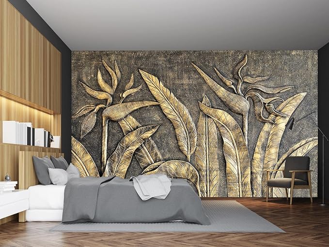 Cliouar-Golden Bird of Paradise Sculpture 3D Three-Dimensional Wallpaper Mural 158" x 110" (Not Peel and Stick)