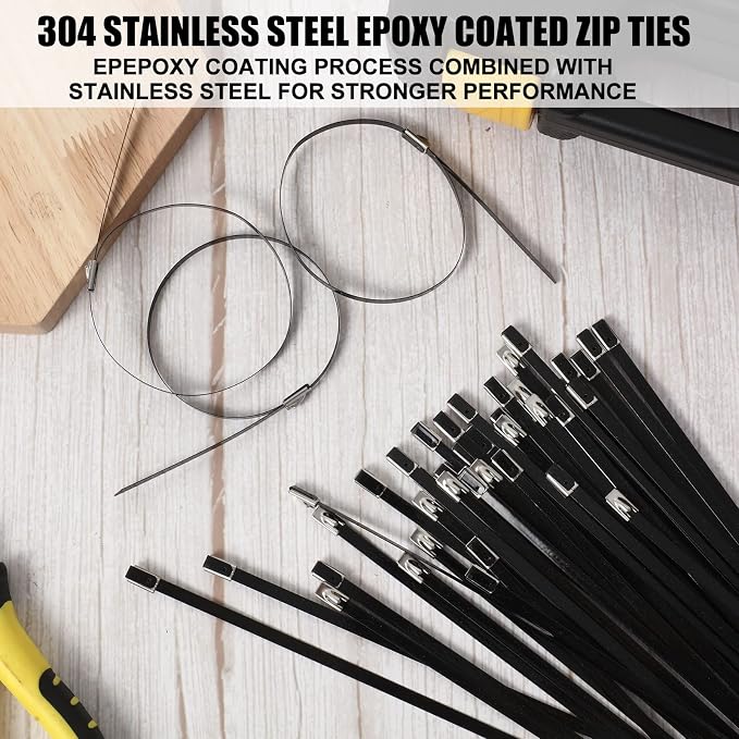 Pelopy 300 Pcs 11. 8 Inch Metal Zip Ties Black 304 Stainless Steel Zip Ties Epoxy Coated Tie Heavy Duty Cable Self Locking Cable Multi Purpose for Machinery Vehicles Exhaust Wrap Outdoor Fence Farms