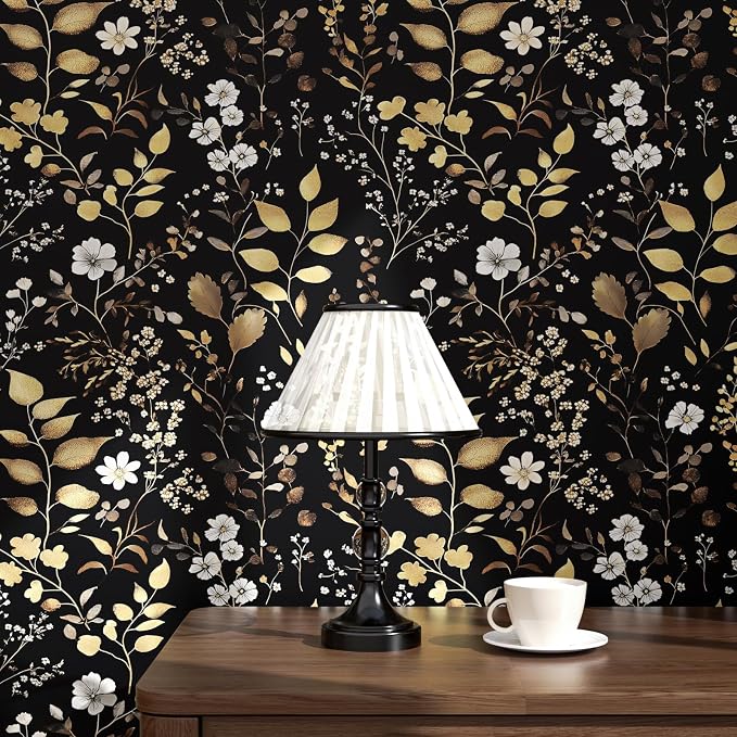 Vintage Dark Floral Gold Leaf Peel and Stick Wallpaper 17.5"x787" | Self Adhesive/Removable/Waterproof/Thick Vinyl Extra Long Contact Paper for Bathroom Bedroom Shelf Cabinet Drawer,Prepasted