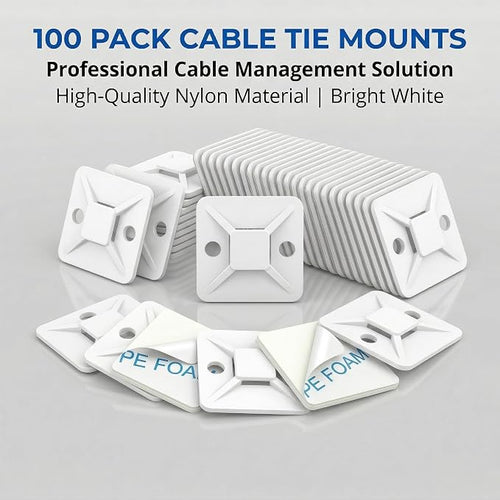 100 PCS 1" Adhesive Cable Tie Mounts – Strong Sticky Back Nylon Wire Holders for Cable Management in Home, Office, Car & Christmas Lights (White-100)