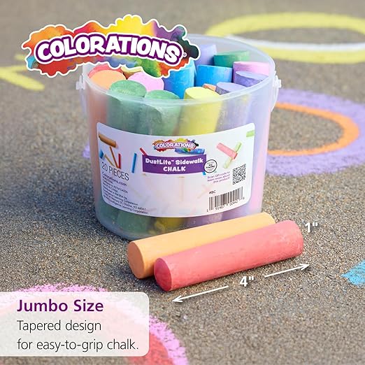 Colorations Jumbo Washable Sidewalk Chalk Set - 20 Pieces, 8 Assorted Colors, 4” x 1” Each, Non-Toxic, Outdoor Play for Kids, Ages 4+