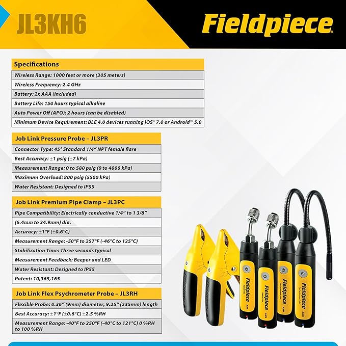Fieldpiece - Job Link System HVACR Wireless Probe Kit - JL3KH6 - Fast Accurate Temps with Rapid Rail Technology - HVAC Tools with Padded Case