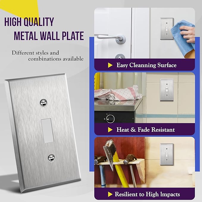 ENERLITES Toggle Light Switch Stainless Steel Wall Plate, Metal Plate Corrosive Resistant Cover for Rotary Dimmers Lights, Size 1-Gang 4.50"x 2.76", 7711, 430 Stainless Steel, UL Listed, Silver