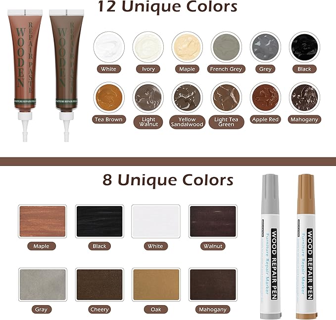 Oriflame Wood Furniture Repair Kit: 12-Color Filler and 8-Color Markers - Wood Touch Up for Scratches/Cracks/Holes/Stains in Floors/Table/Cabinets(Hardwood/Laminate) (Colorful)