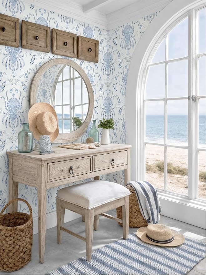 Dimoon Blue Peel and Stick Wallpaper Coastal Contact Paper Bathroom Ocean Beach Wallpaper Boho Jellyfish Renter Friendly Nautical Waterproof for Nursery Kitchen Bedroom Vinyl 17.3''x197''