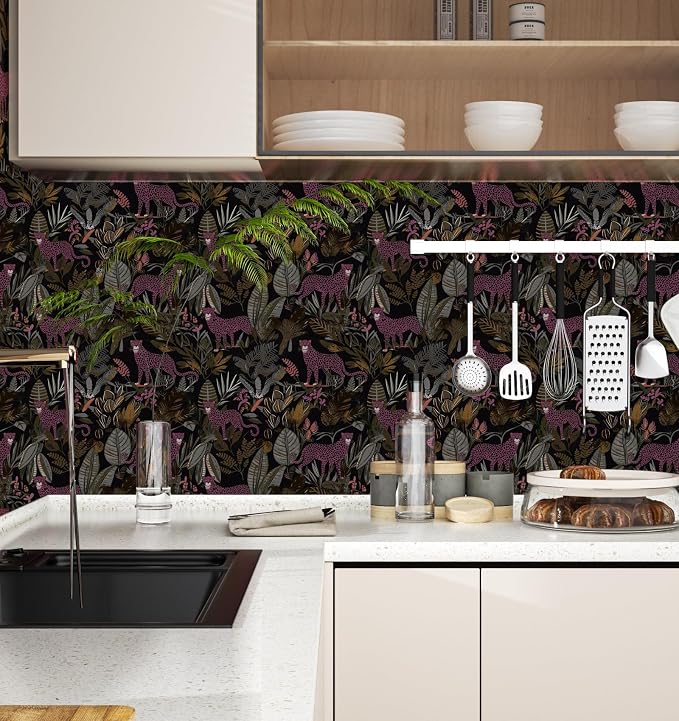 Dark Pink Vintage Leopard Peel and Stick Wallpaper 17.5" x 393" | Waterproof Vinyl Self Adhesive Removable Renter Friendly Floral Contact Paper