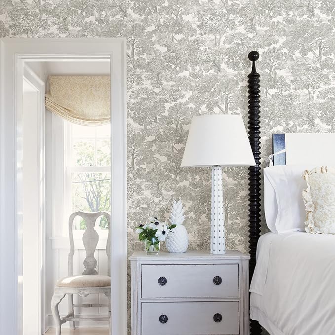 Chesapeake Grey Spinney Toile Wallpaper, Prepasted, Washable, Strippable