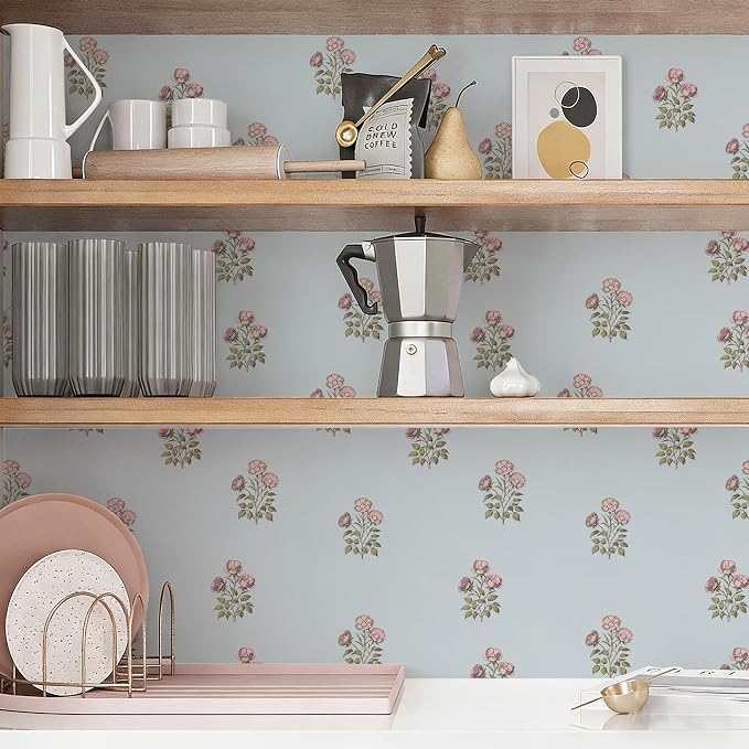 17.3"× 590.5" Vintage Blue Floral Wallpaper Peel and Stick Boho Wallpaper Removable Waterproof Rose Pattern Contact Paper for Bedroom, Bathroom, Home Wall