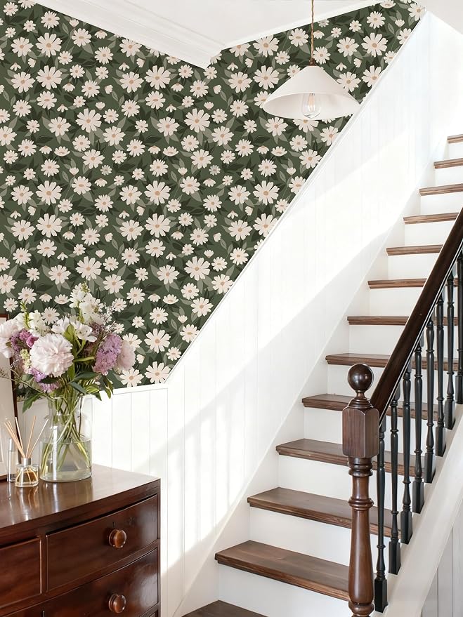 Floral Wallpaper Peel and Stick, Green Daisy Flower Removable Self Adhesive Wallpaper for Bedroom Bathroom Cabinet, 17.3‘’×78.7‘’