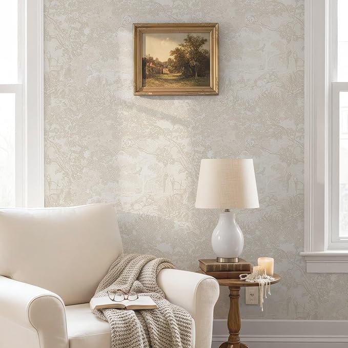 Ismoon Vintage Wallpaper Peel and Stick Beige Neutral Wallpaper 17.3in x6.56ft Forest Animals Contact Paper for Bedroom Thicken Waterproof Self-Adhesive Wall Paper Removable Renter Friendly Vinyl