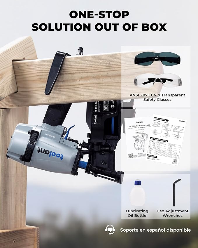 toolant Roofing Nailer, Pneumatic Roofing Nail Gun for 3/4" to 1-3/4" Nails, 120 Coil Capacity, 70-120 PSI, 15 Degree, Heavy Duty Roofing Tool for Asphalt Roofing Shingles, Fencing, and Wood Siding