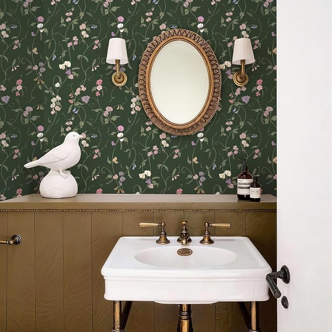 Vintage Wallpaper Peel and Stick Dark Green Floral Wallpaper Leaf Contact Paper Vinyl Waterproof Self Adhesive Boho Botanical Wall Paper for Bedroom Shlef Cabinet Decor 17.3" x 78.7"