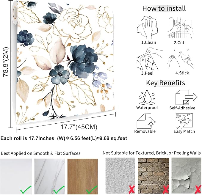 Navy Blue Floral Peel and Stick Wallpaper 17.7"x78.8" | Removable thick vinyl, watercolor botanical design, laundry room, bedroom, bathroom, renter friendly accent walls