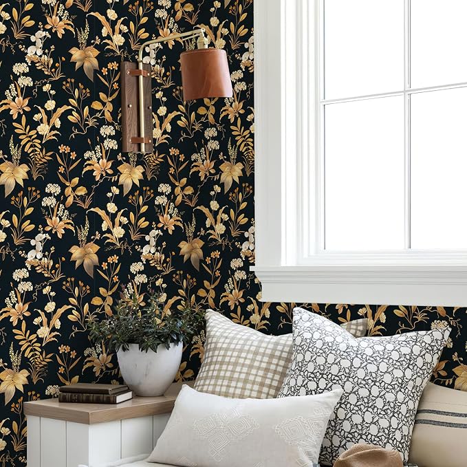 Simon&Siff Vintage Floral Peel and Stick Wallpaper 17.3" x 480" | Black Gold Botanical Contact Paper, Removable Wall Paper, Renter Friendly, for Cabinets, Furniture, DIY Decor