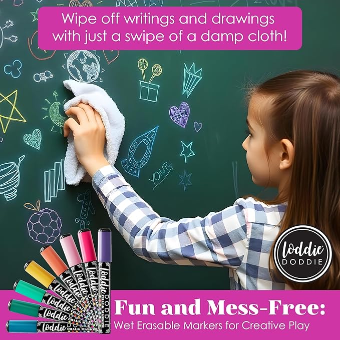 Loddie Doddie Liquid Chalk Markers - Pack of 8 Macaron Pastel 6mm Tip - Dual Tip Fine & Bold Lines with Chalkboard Markers & Chalk Pens - Erasable Liquid Ink on Chalkboard Calendar & Blackboard