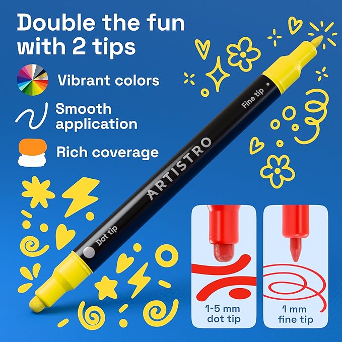 ARTISTRO 72 Precision Dual-Tip Acrylic Paint Markers – Paint Pens Set with Dot & Fine Tips for Fabric, Rock, Glass, Wood, Coloring Books – Classroom & Art Supplies Gift – Teacher Appreciation Gift